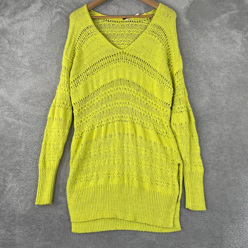 Free People Hot Tropics Sweater Womens XS Green Pointelle Open Knit Tunic Slit